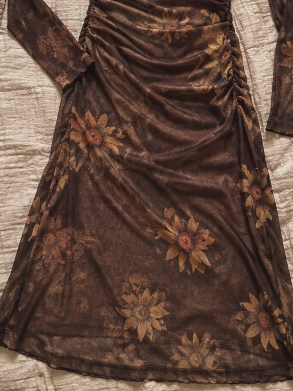 AllSaints Brown Floral Sheer Mesh Ruched Midi Dress UK 12 US 8 - Picture 7 of 10